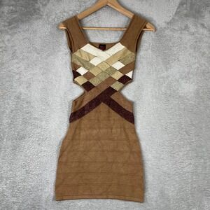 2b Bebe Bandage Dress Women Small Brown Metallic Cutout Bodycon Mini Y2K Party